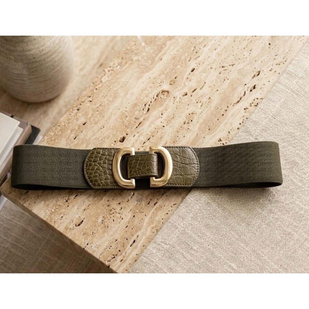 Vintage 80s Milor Olive Green Stretch Belt Faux Croc Gold Hardware Small Medium